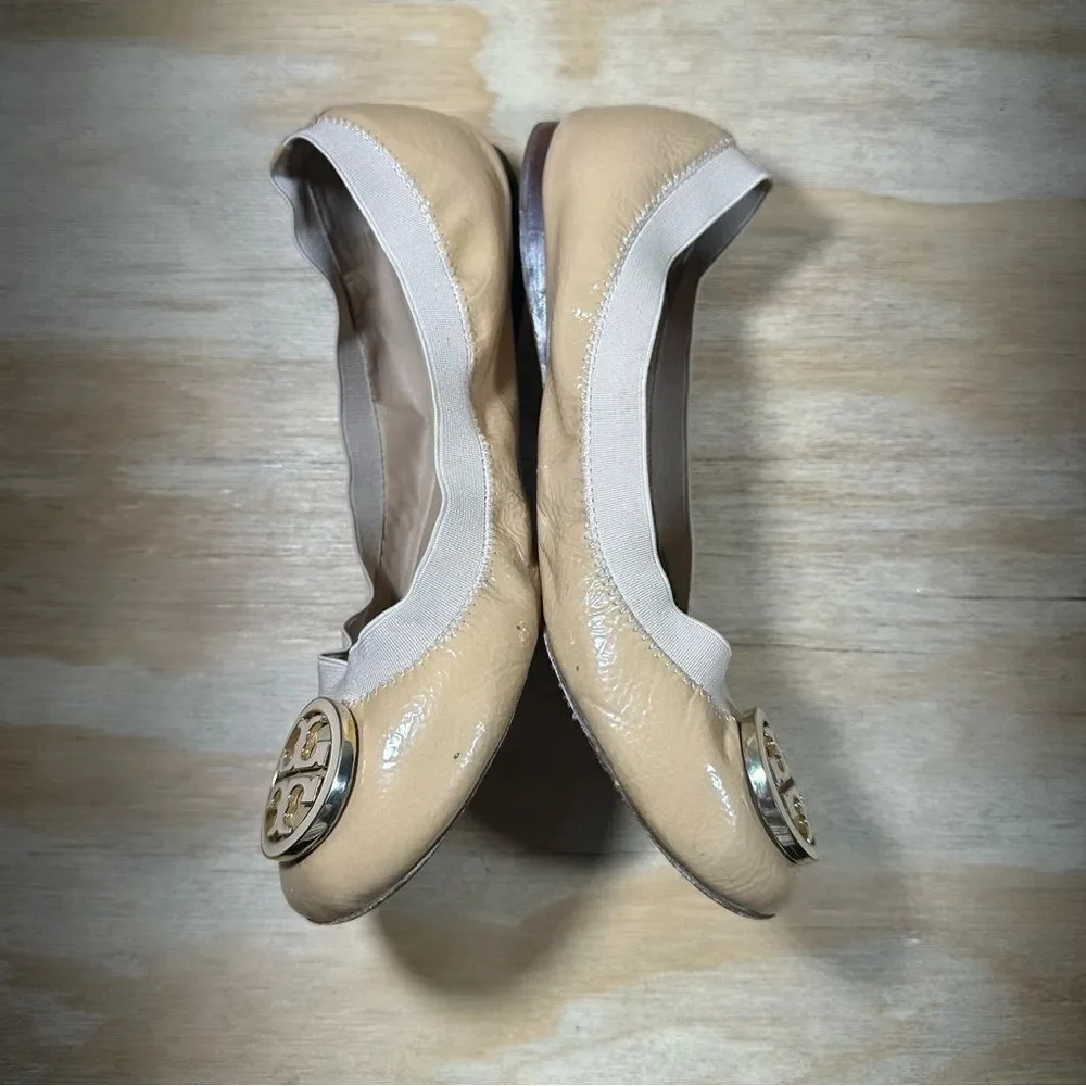 Tory Burch Tan Leather Flats with Signature Medallion